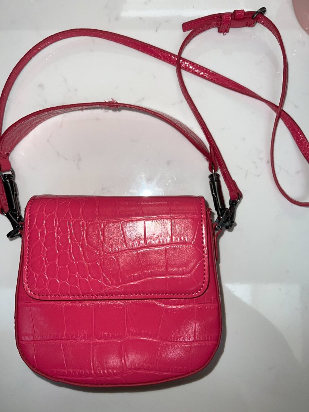 Zara Hot Pink Croc Embossed Mini Flap Shoulder Bag & Crossbody Convertible Purse